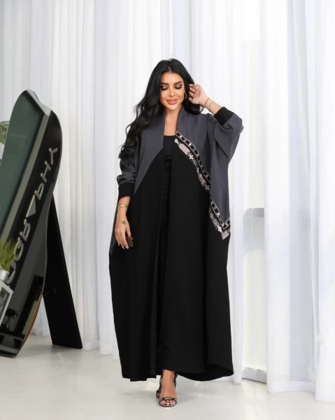 Crepe abaya in black and grey color IB121 Gray