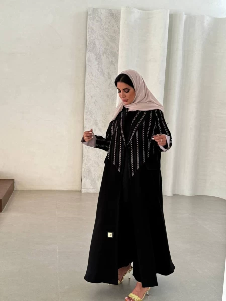 Black Embroidered Crepe Abaya Gold IB172 Black / Gold